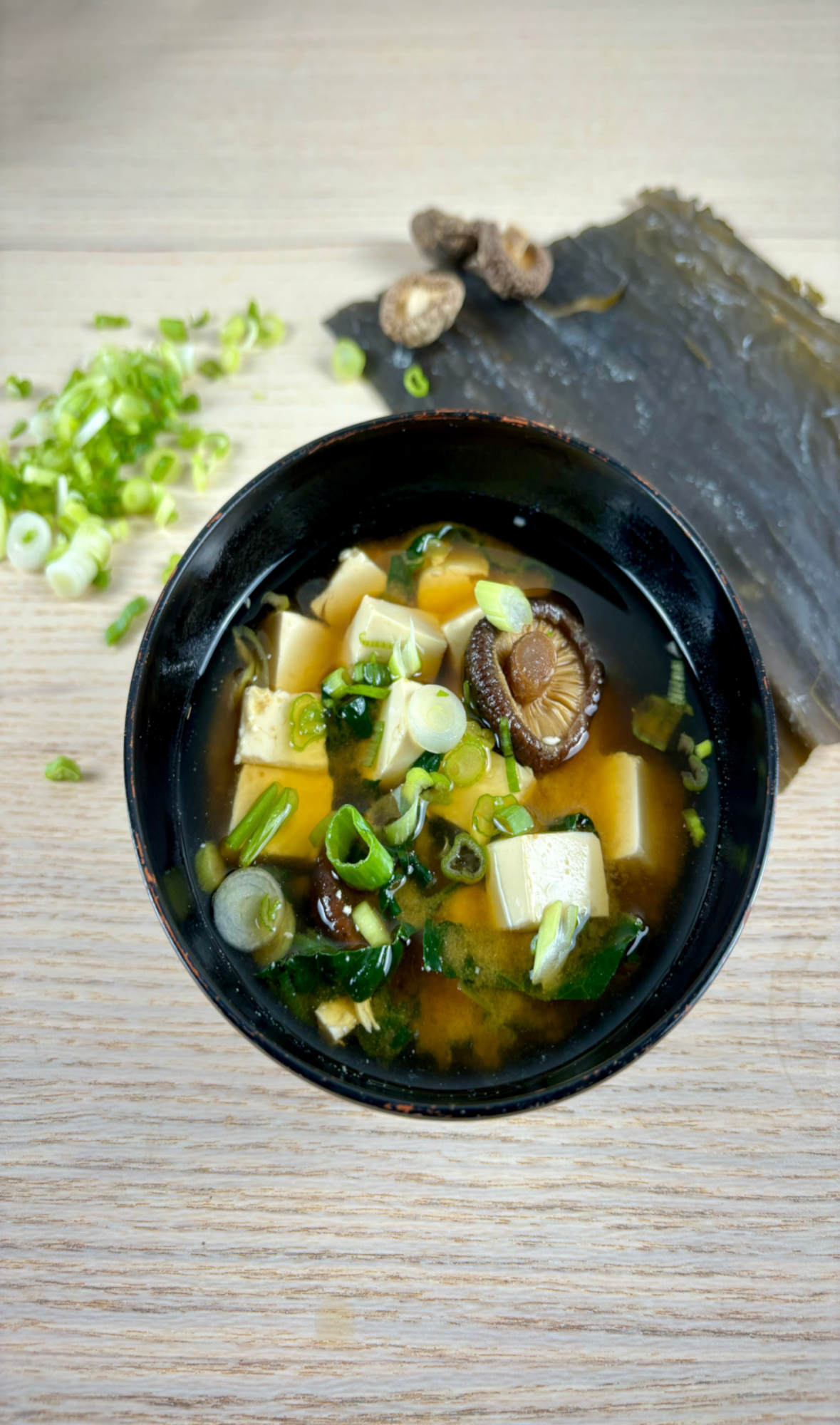 Miso soup ready-to-eat in a traditional Japanese miso soup bowl.