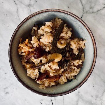 Overhead shot of a bowl of vegan Japanese mountain vegetable rice, featuring mixed seasonal greens and wild vegetables over fluffy, sticky rice.