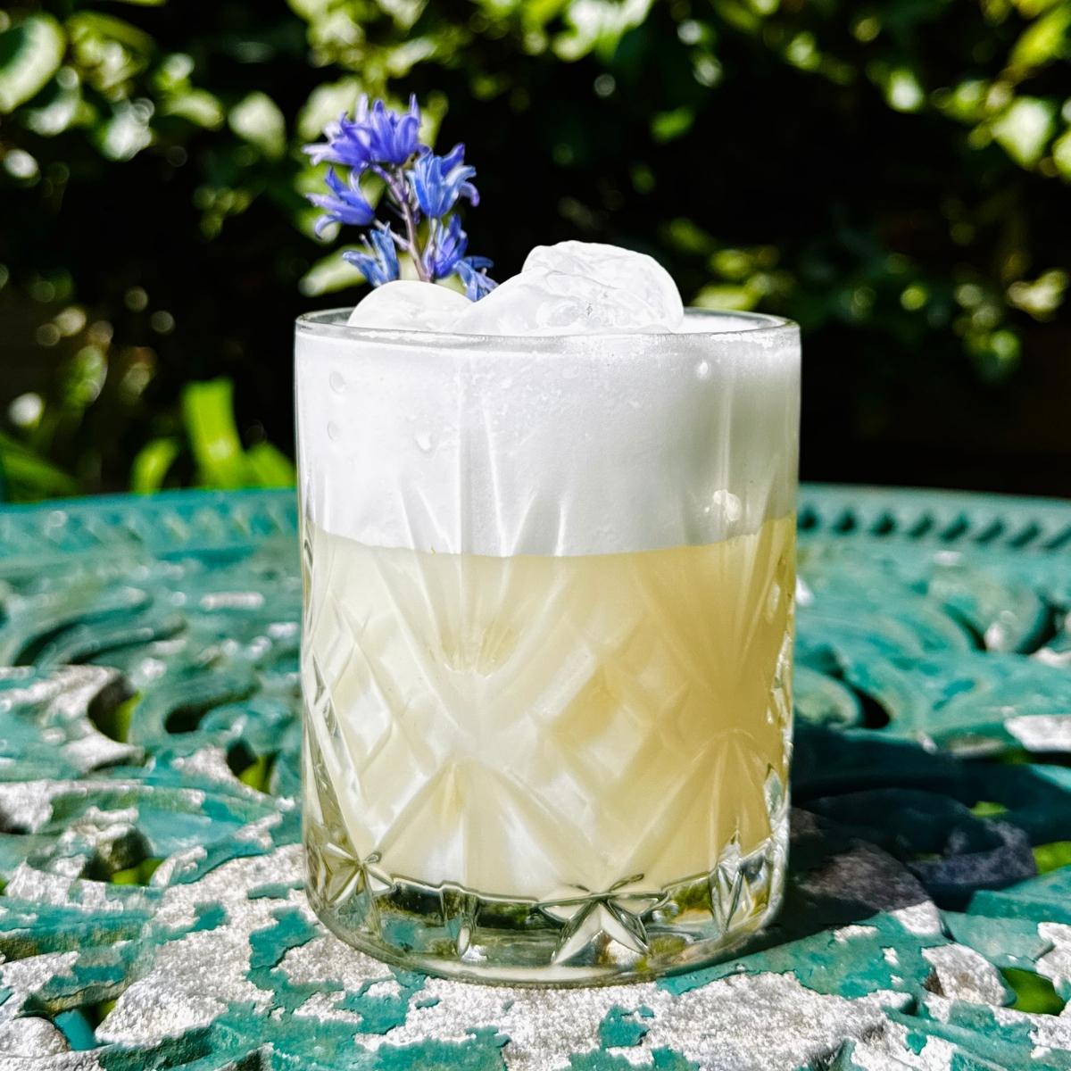 yuzu gin sour in an old fashioned glass on a garden table basking in the sunshine