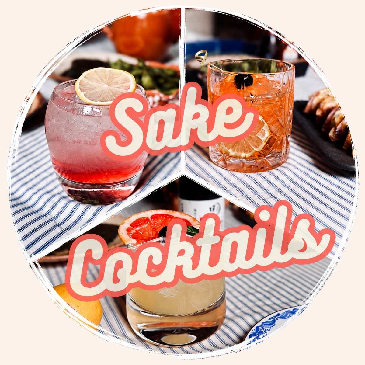 Sake cocktails collage featuring spicy sake sour, sake fizz and sake old fashioned