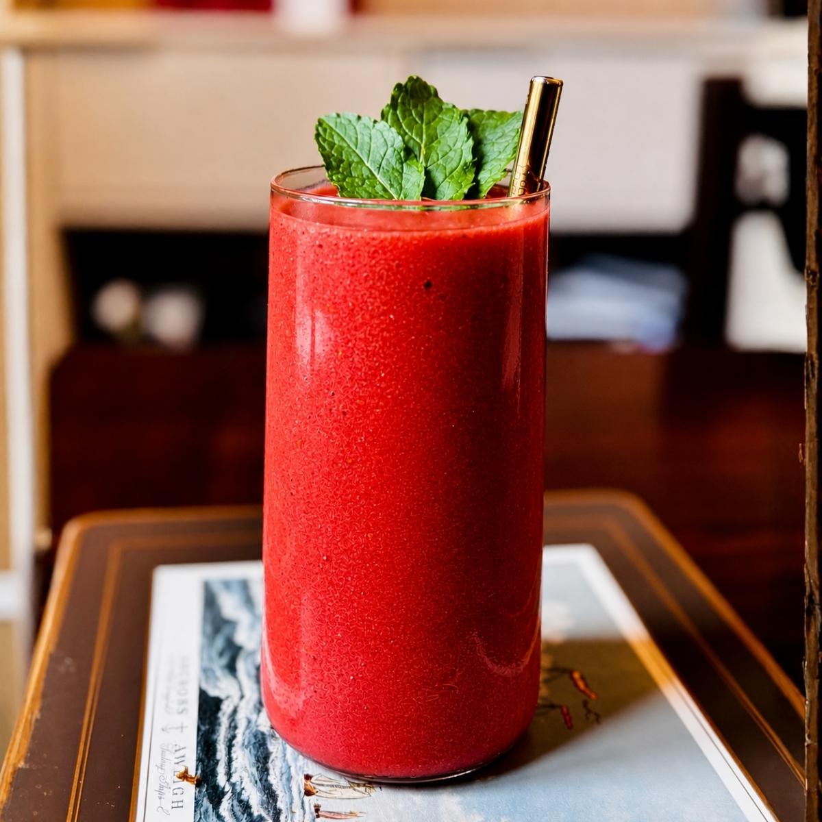 yuzu mango smoothie on a place mat, garnished with mint and a metal straw