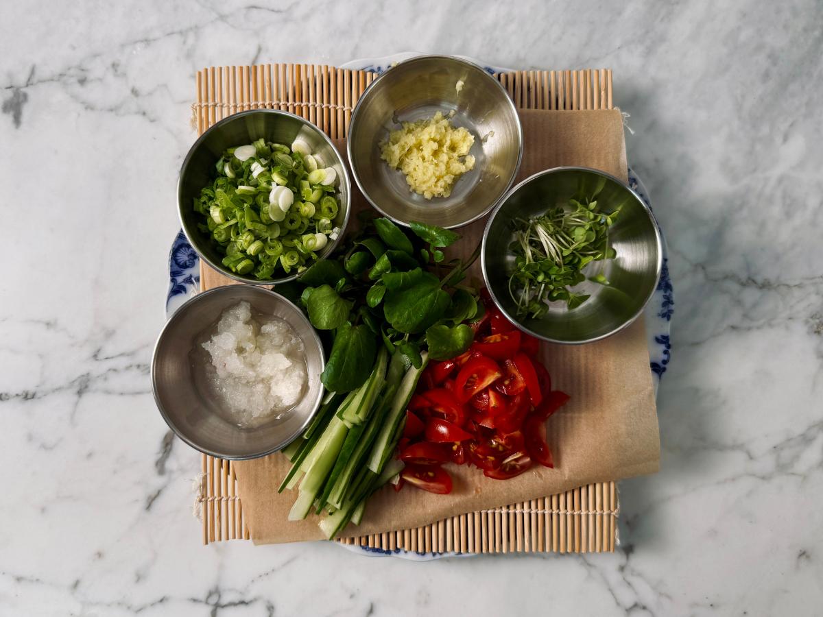 All toppings neatly arranged on a serving platter with small bowls.