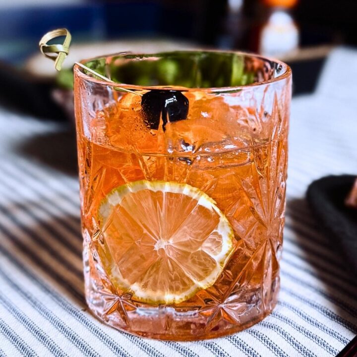 sake old fashioned on a cotton table cloth