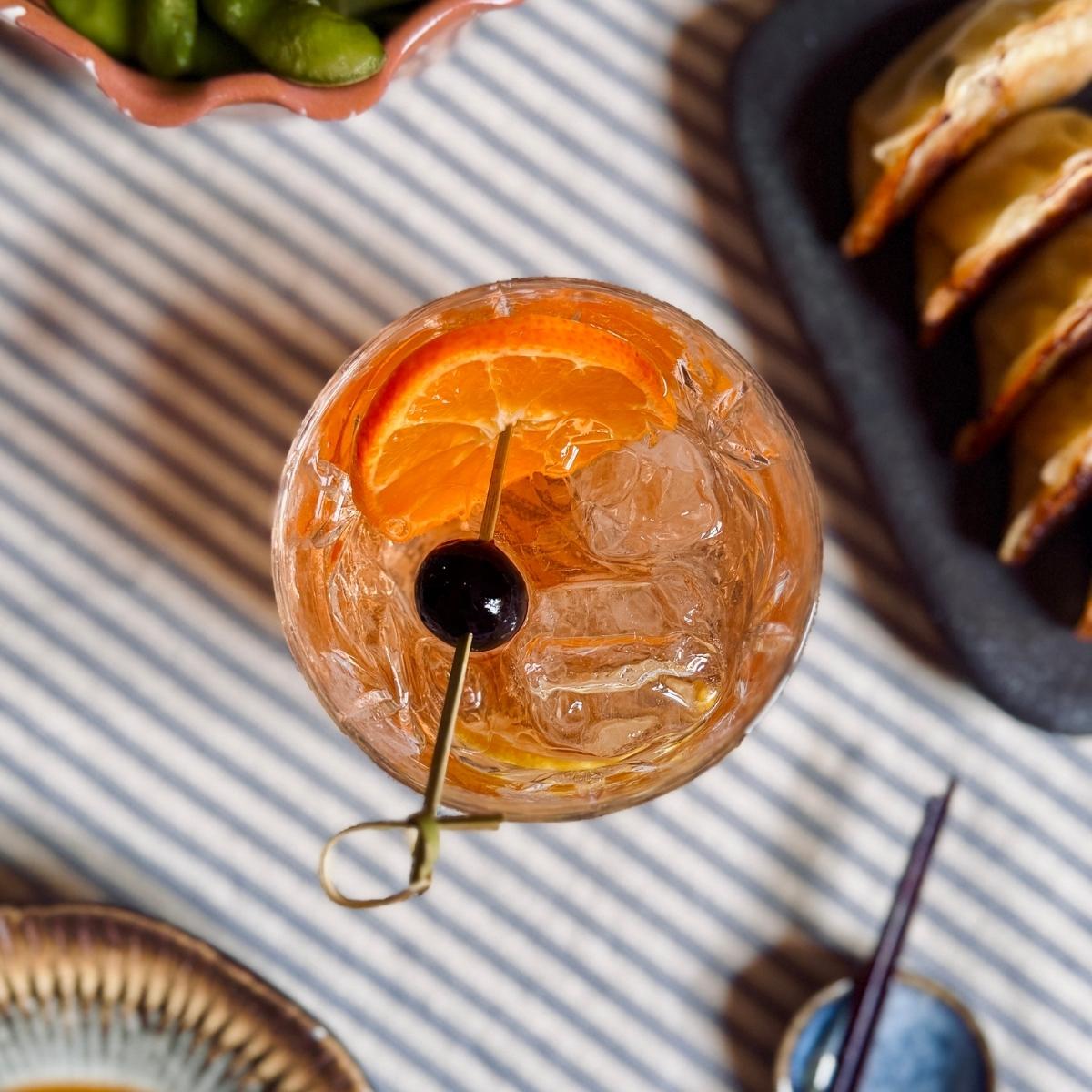 top down view of the finished sake old fashioned
