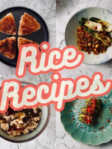 "rice recipes" writen in big bold font over a collage of rice dishes