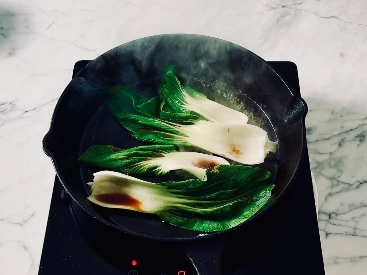 soy sauce and mirin added to pak choi recipe vegan style