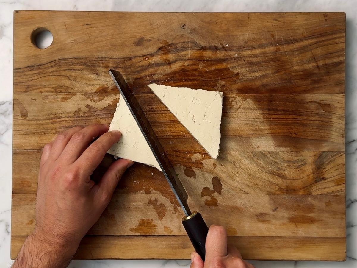 tofu slab cut diagonally in half