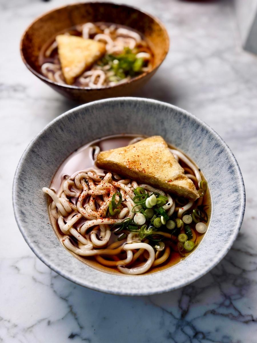 two bowls of vegan kake udon