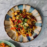Spicy yaki udon noodles topped with spring onions