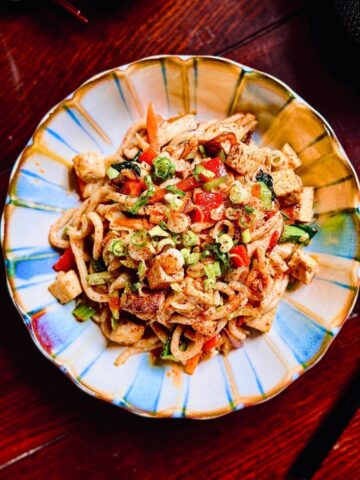 garnished with spring onions and japanese chilli powder; a bowl of spicy yaki udon noodles