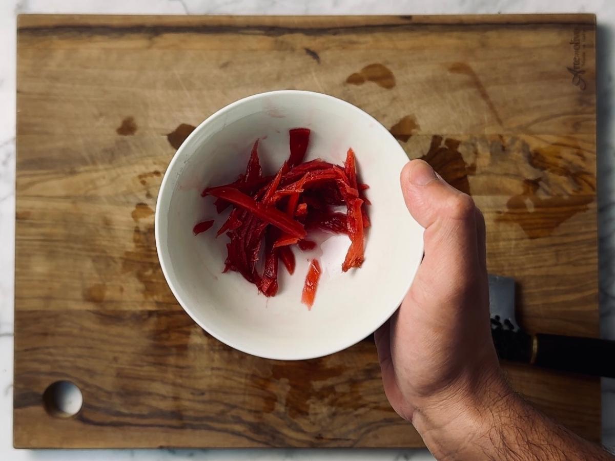 shredded pickled ginger in a small rice bowl