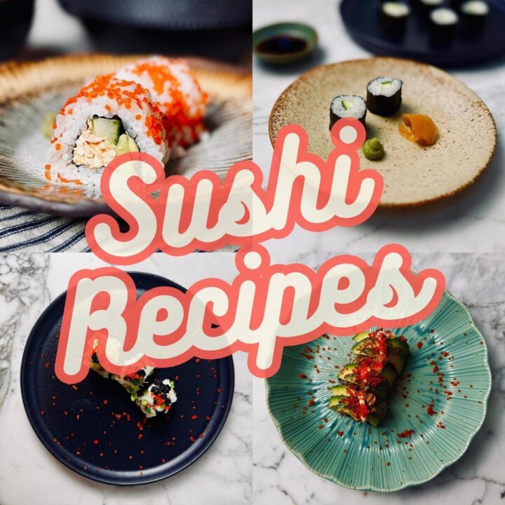 sushi recipes collaged on a poster