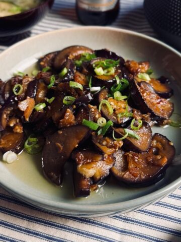 Close up of the beer and eggplant stir-fry served in a shallow bowl, garnished with spring onions.