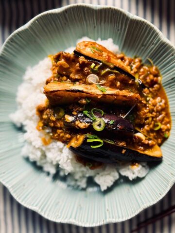 mabo eggplant on a bed of rice