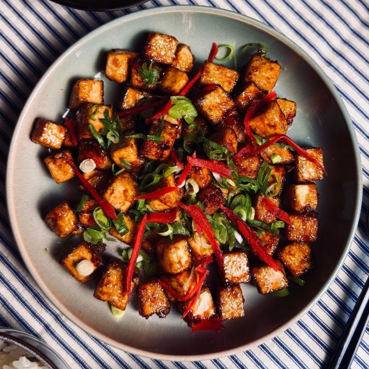 Vegan Japanese tofu dishes featuring crispy glazed tofu