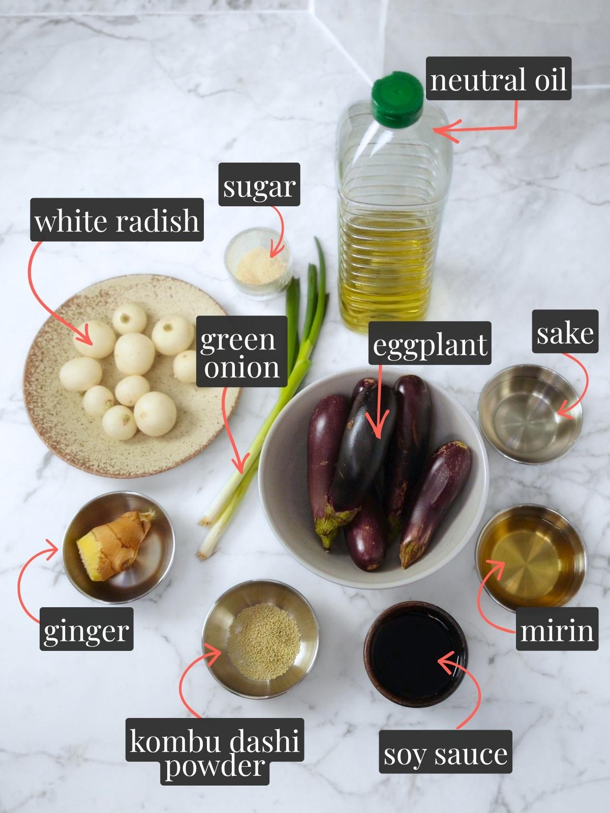 eggplant agebitashi key ingredients. From top tp bottom: bottle of neutral oil, sugar, white radish, green onion, sake, baby eggplant, ginger, mirin, kombu dashi powder, soy sauce.