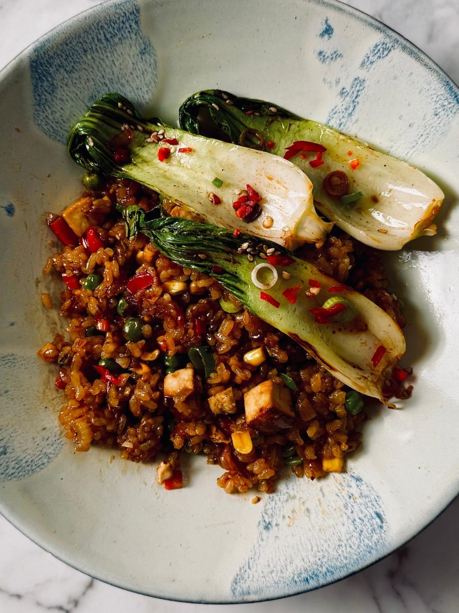 a close up of fried rice