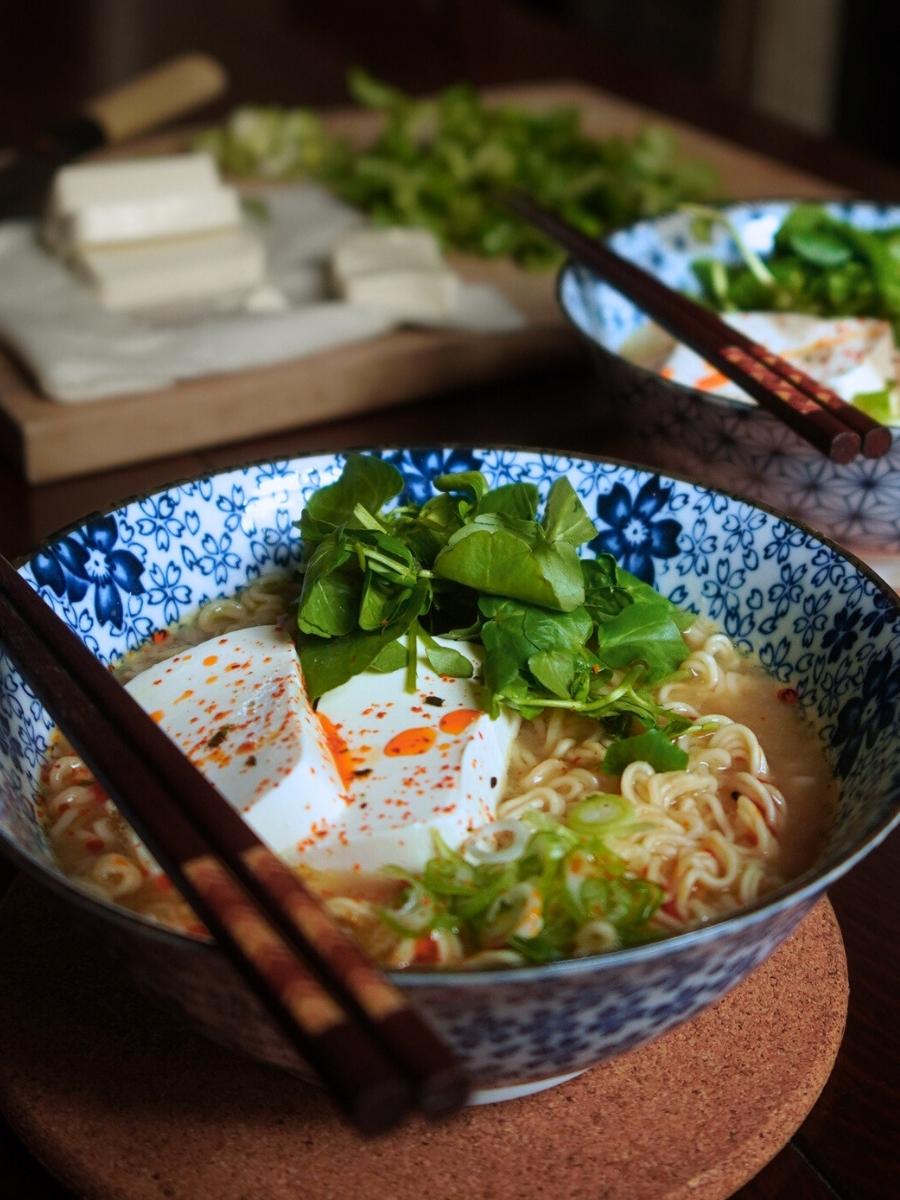 ramen topped with homemade rayu chili oil

