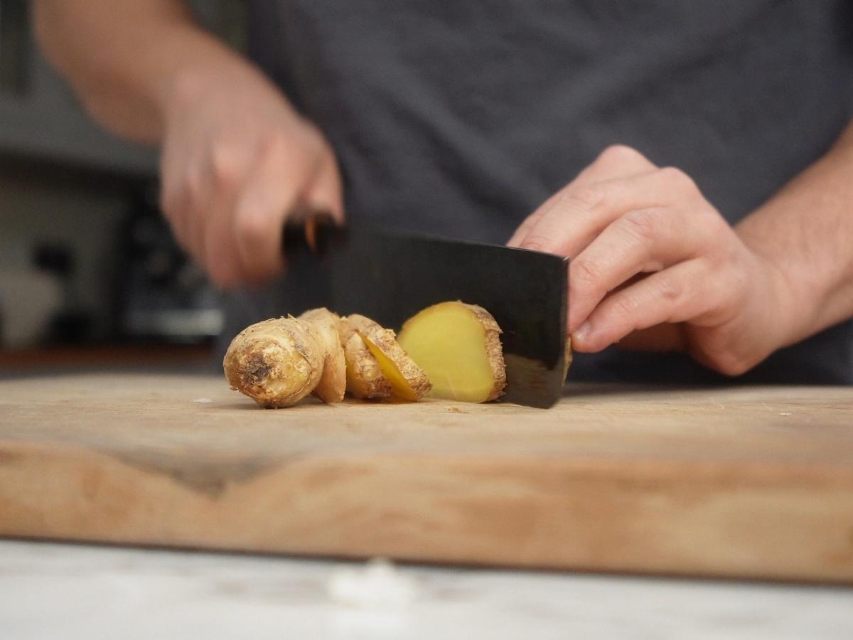 slicing fresh ginger for rayu chili oil
