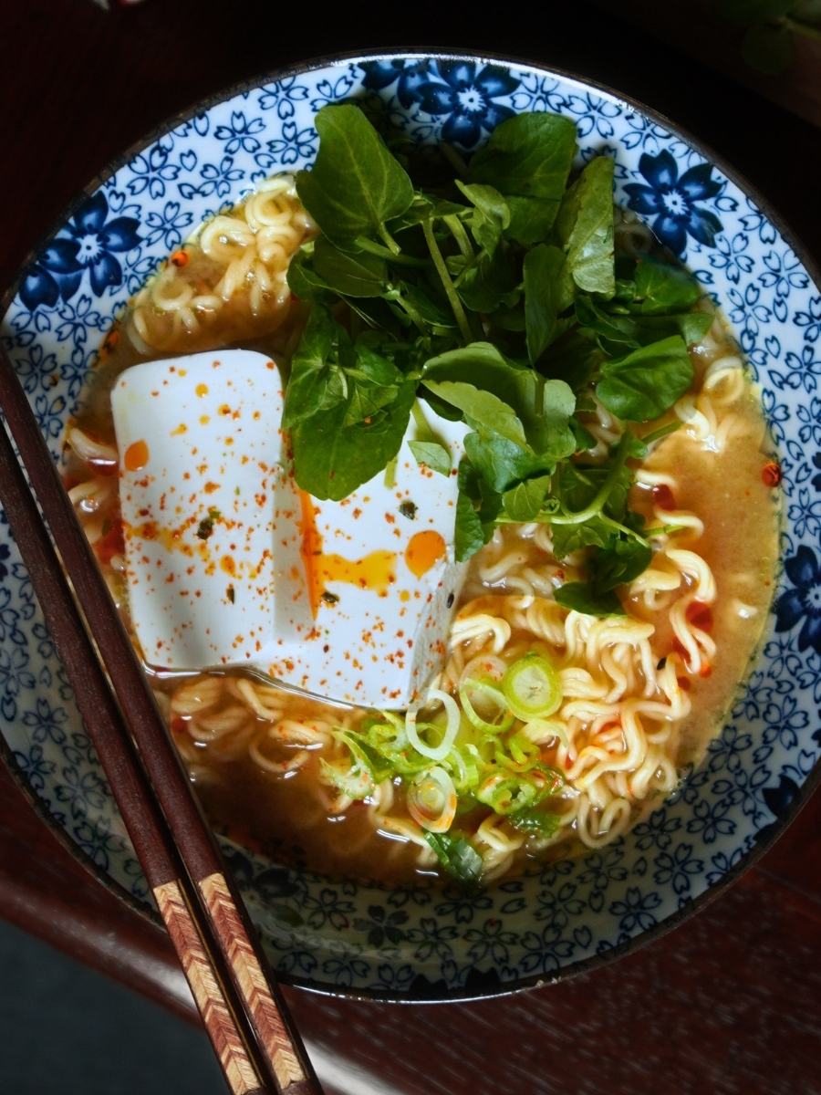 bowl of miso ramen birdseye view close up