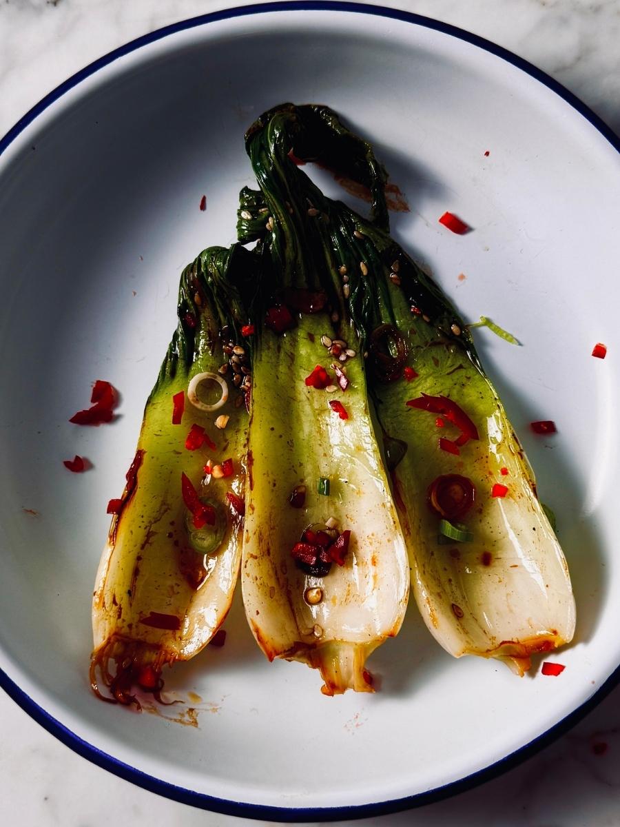 close up of soy seared bok choy